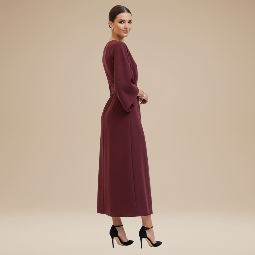 Belted Wide Sleeve Wrap Midi Dress Elegant