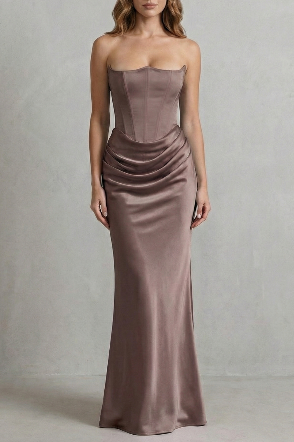 Satin Floor Length Strapless Corset Maxi Dress