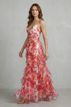 Floral V Neck Ruffled Chiffon Maxi Dress