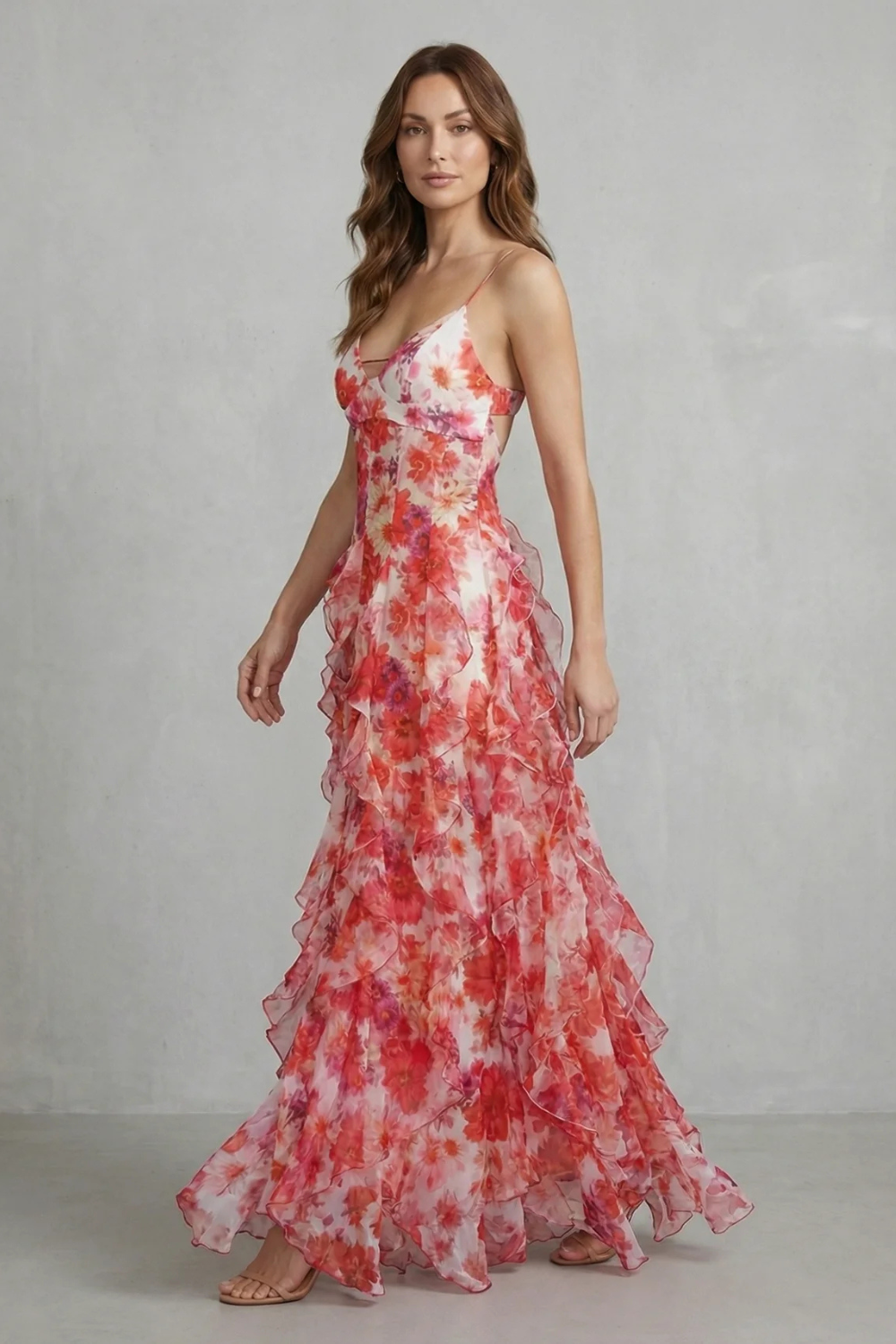 Floral V Neck Ruffled Chiffon Maxi Dress