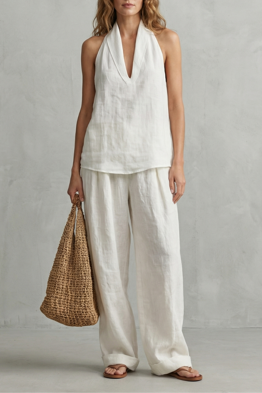 Relaxed V Neck Wide-Leg Top And Trouser Set