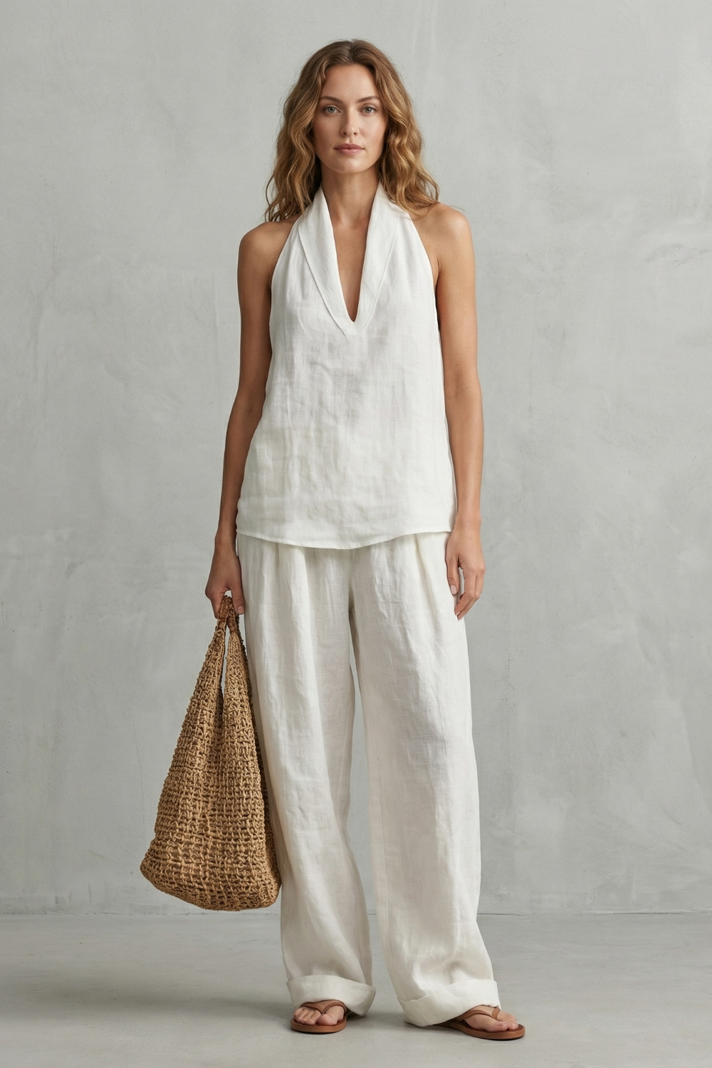Relaxed V Neck Wide-Leg Top And Trouser Set
