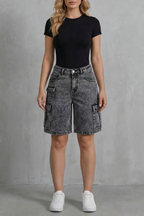 Relaxed Fit High Waist Denim Cargo Shorts