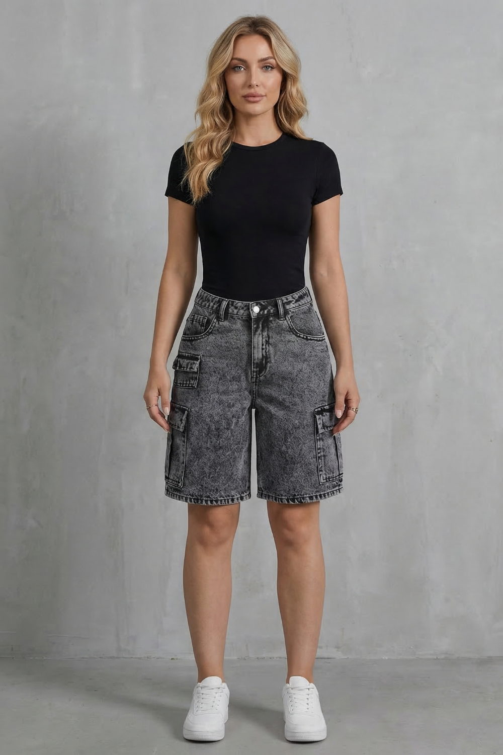 Relaxed Fit High Waist Denim Cargo Shorts