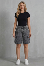 Relaxed Fit High Waist Denim Cargo Shorts