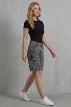 Relaxed Fit High Waist Denim Cargo Shorts