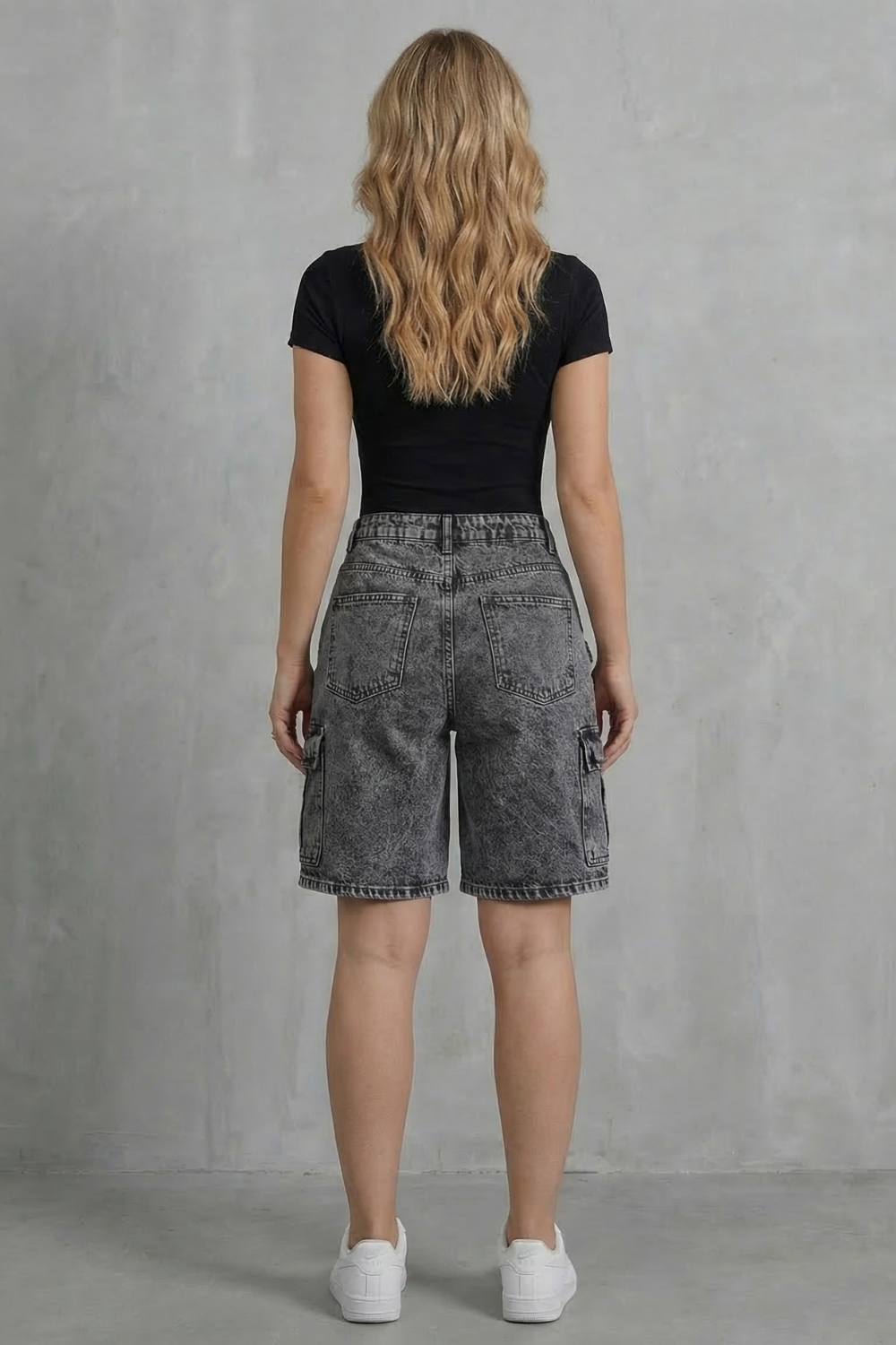 Relaxed Fit High Waist Denim Cargo Shorts