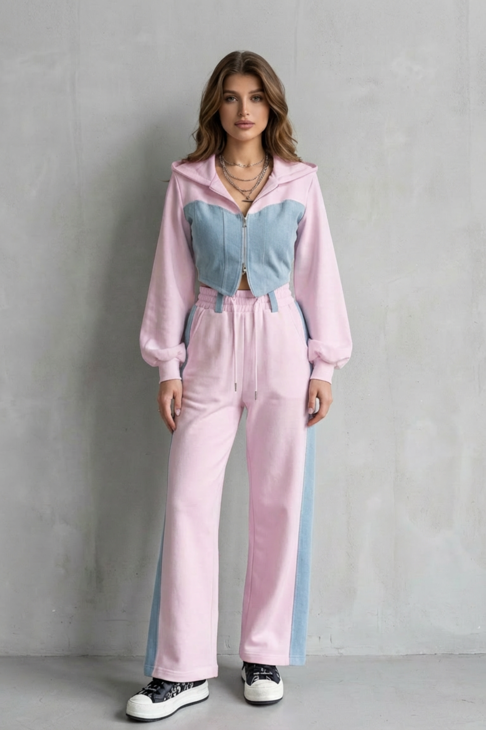 Wide-Leg Denim Two-Piece Hoodie & Sweatpant Set