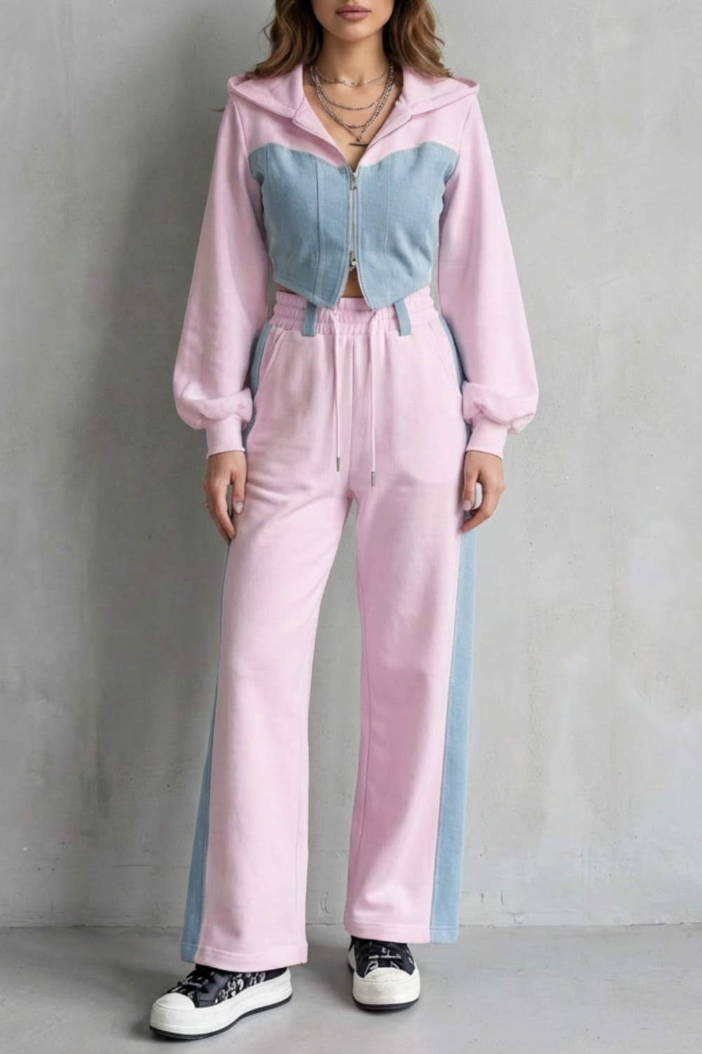 Wide-Leg Denim Two-Piece Hoodie & Sweatpant Set