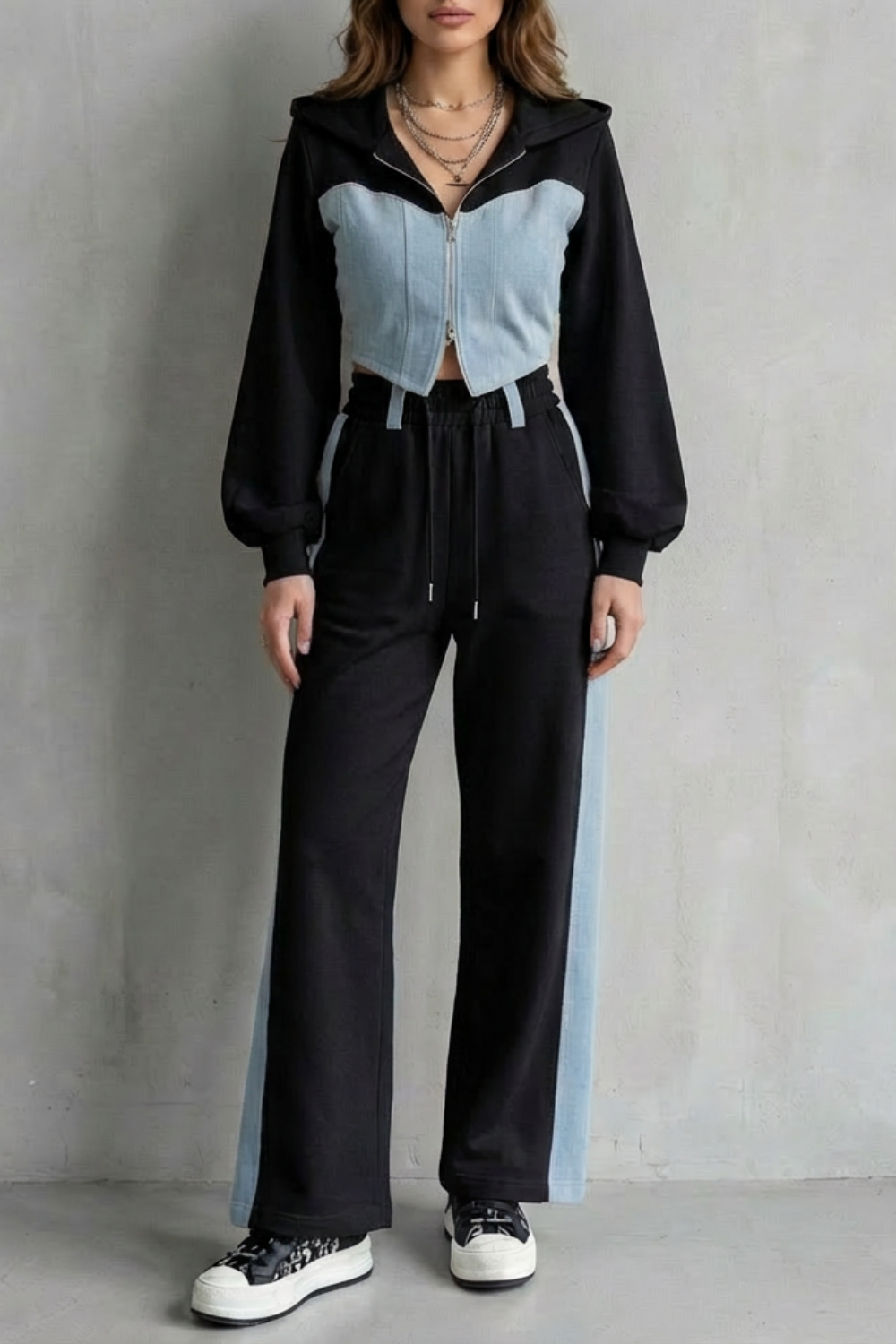 Wide-Leg Denim Two-Piece Hoodie & Sweatpant Set