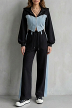 Wide-Leg Denim Two-Piece Hoodie & Sweatpant Set