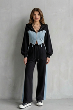 Wide-Leg Denim Two-Piece Hoodie & Sweatpant Set