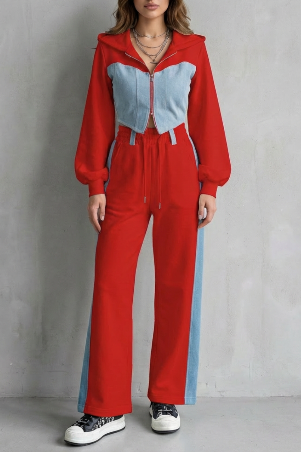 Wide-Leg Denim Two-Piece Hoodie & Sweatpant Set