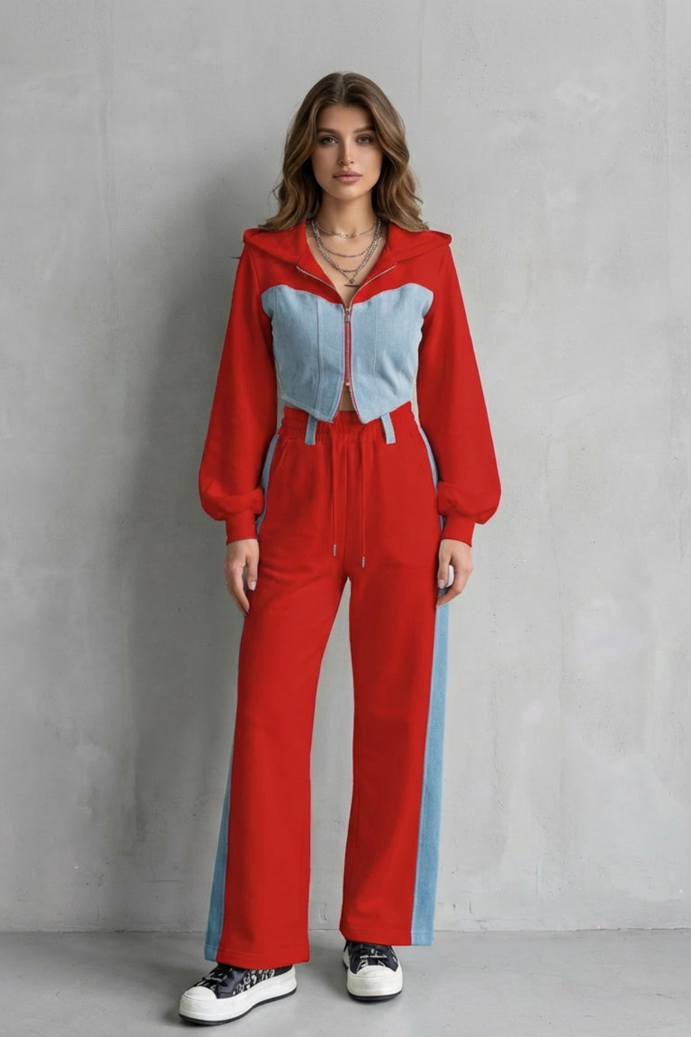 Wide-Leg Denim Two-Piece Hoodie & Sweatpant Set