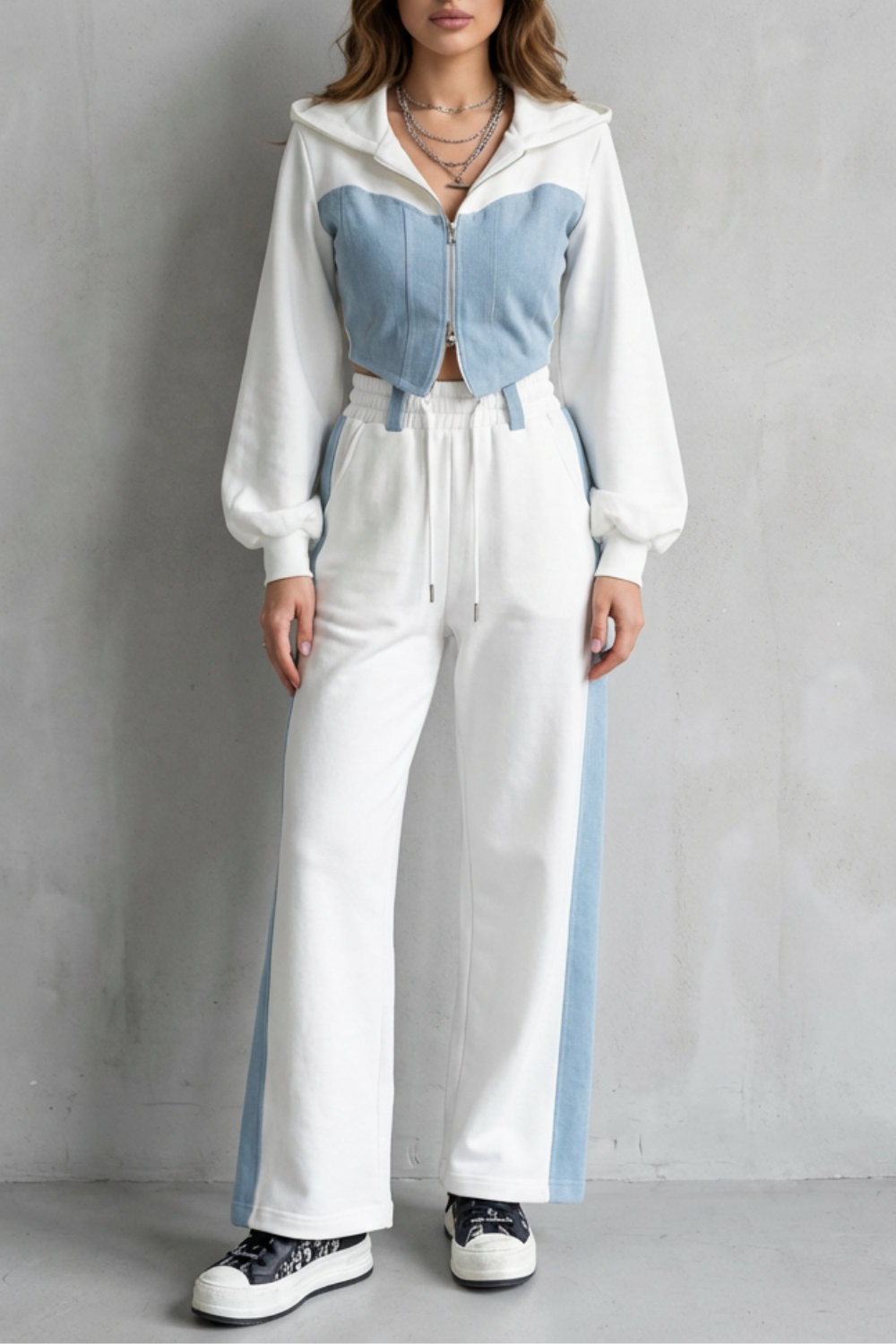 Wide-Leg Denim Two-Piece Hoodie & Sweatpant Set