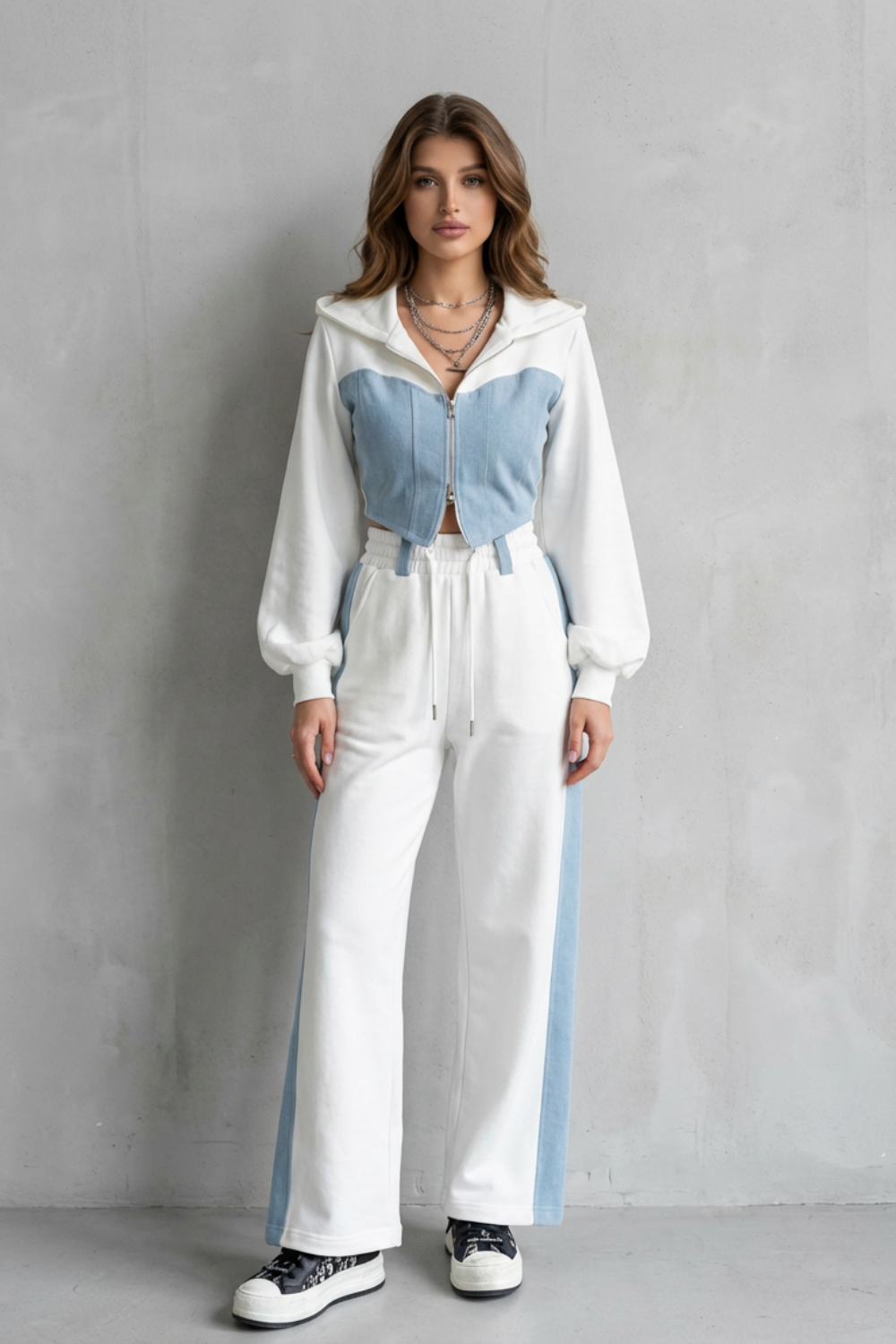 Wide-Leg Denim Two-Piece Hoodie & Sweatpant Set