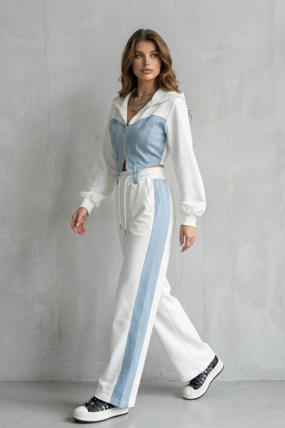 Wide-Leg Denim Two-Piece Hoodie & Sweatpant Set