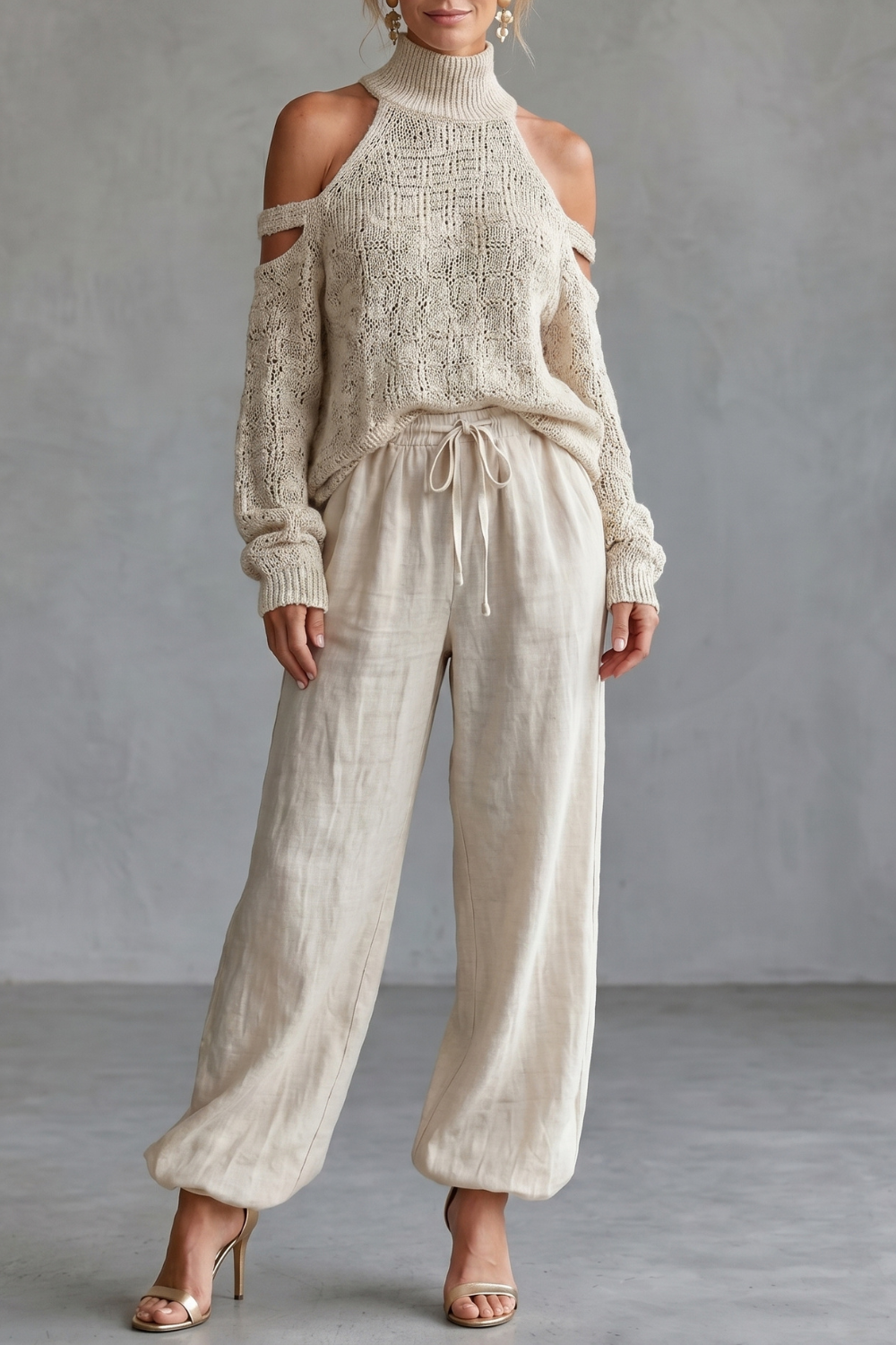 Aurellia – Cozy open-shoulder design – Knit trouser set