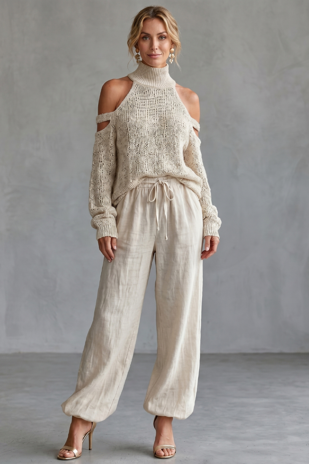 Aurellia – Cozy open-shoulder design – Knit trouser set