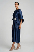 Wedding Guest Midi Dress Batwing Satin Jewel