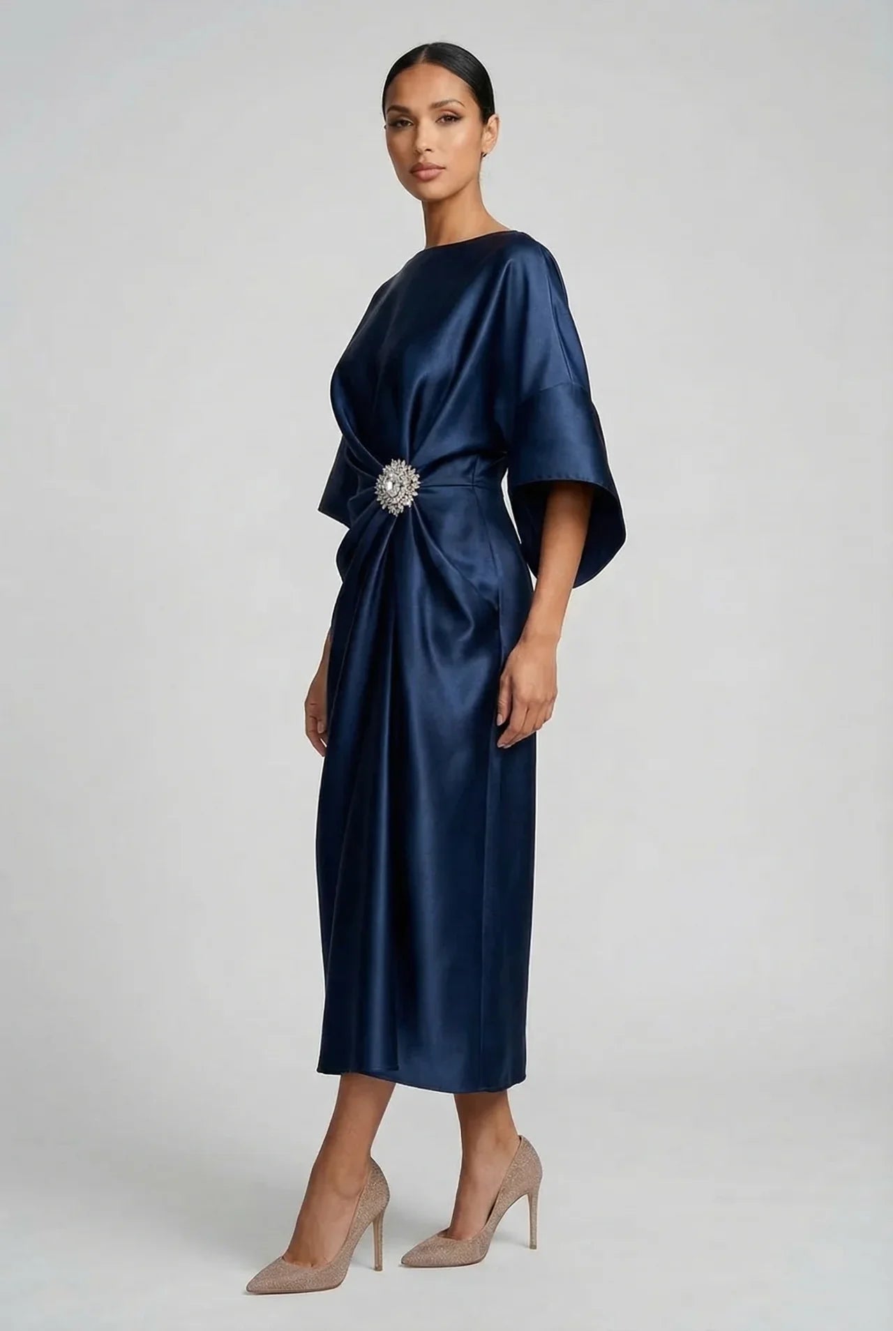 Wedding Guest Midi Dress Batwing Satin Jewel