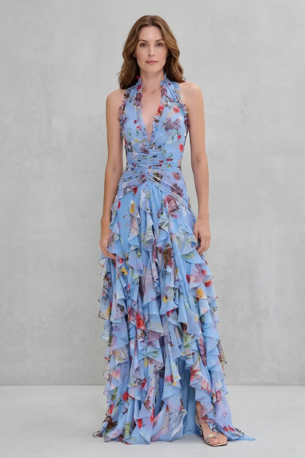 Floral Ruffle Halter Maxi Dress