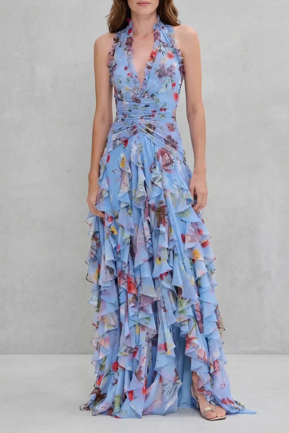 Floral Ruffle Halter Maxi Dress