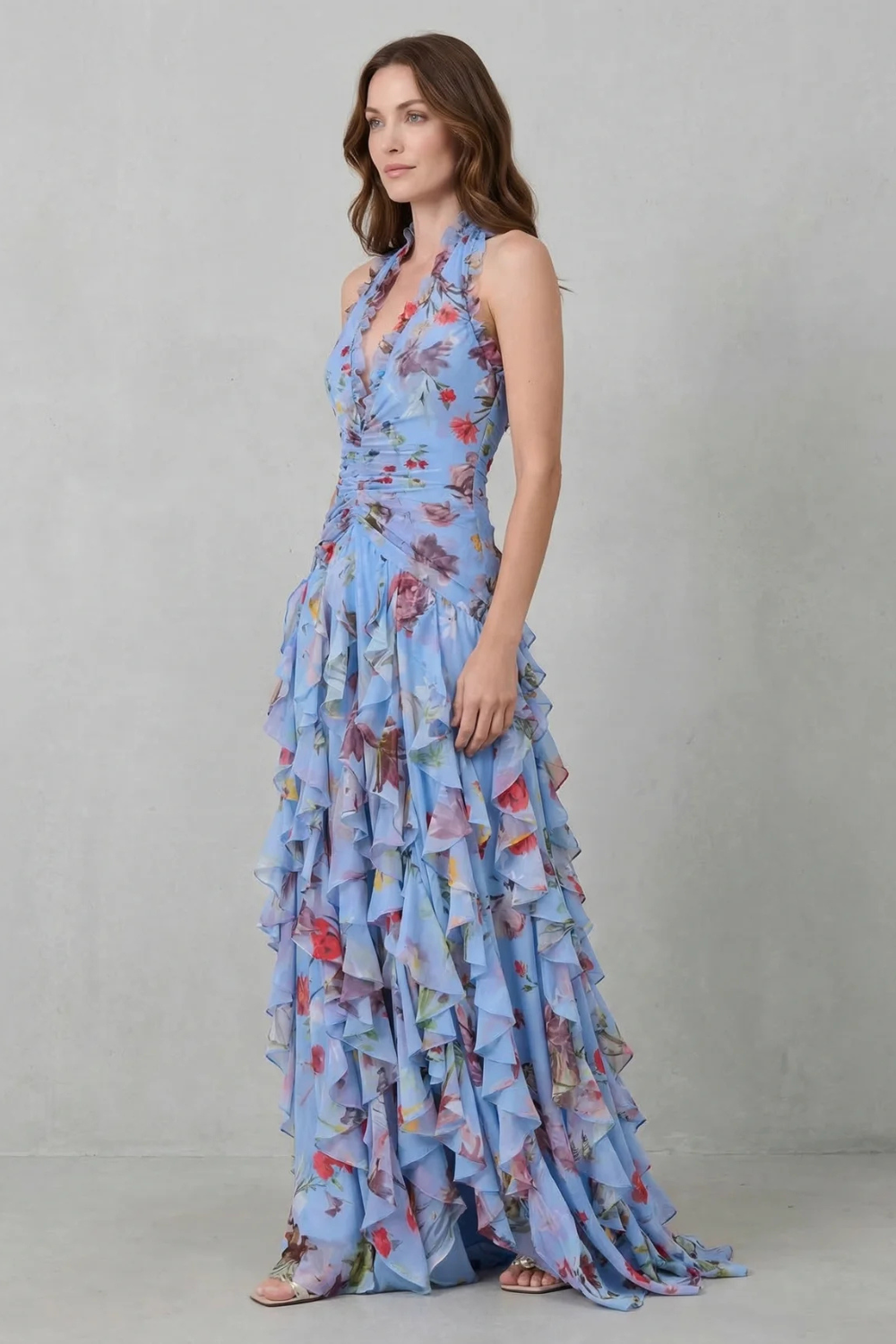 Floral Ruffle Halter Maxi Dress