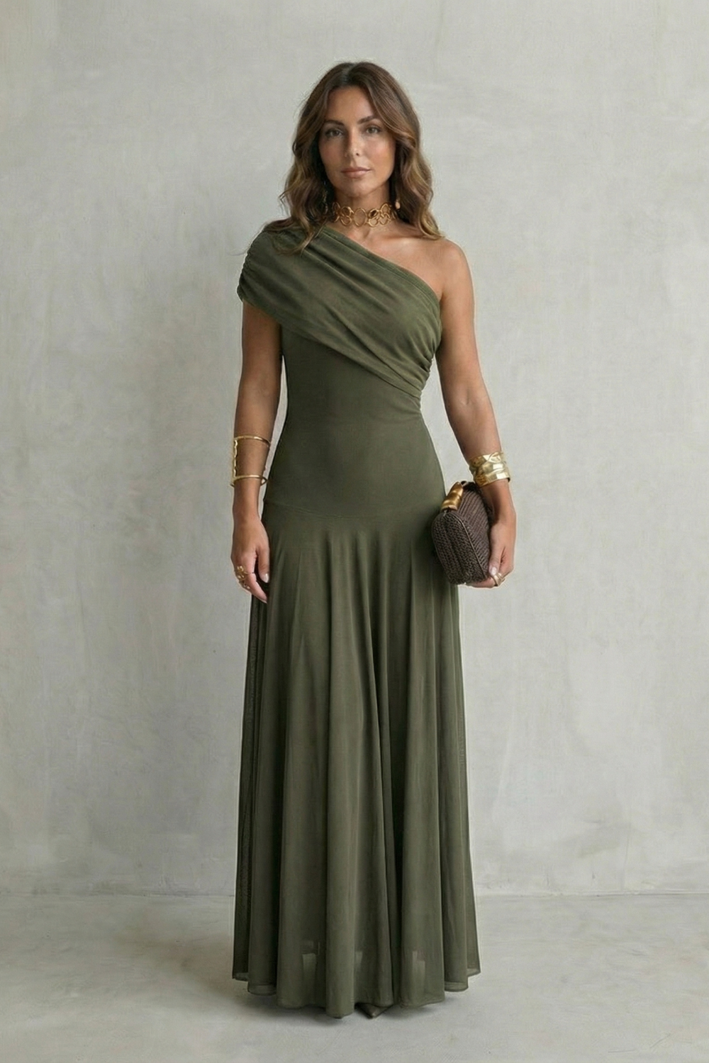 Elegant Mesh One Shoulder Maxi Dress