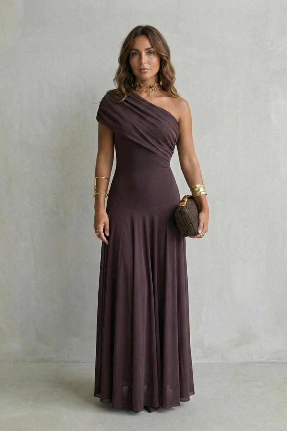 Elegant Mesh One Shoulder Maxi Dress