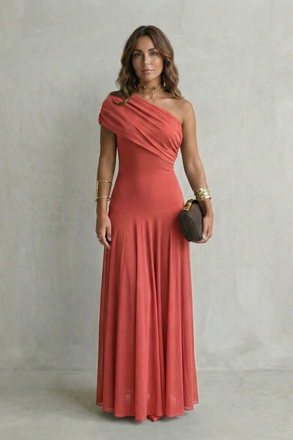 Elegant Mesh One Shoulder Maxi Dress