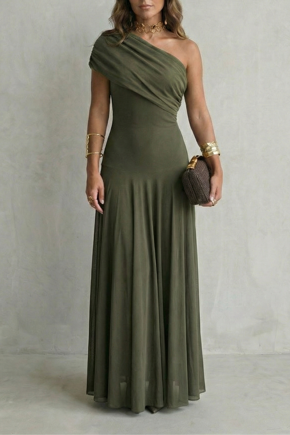 Elegant Mesh One Shoulder Maxi Dress