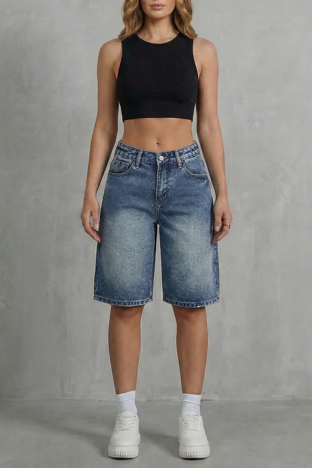 High Waist Knee Length Denim Shorts