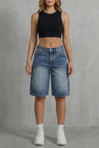 High Waist Knee Length Denim Shorts