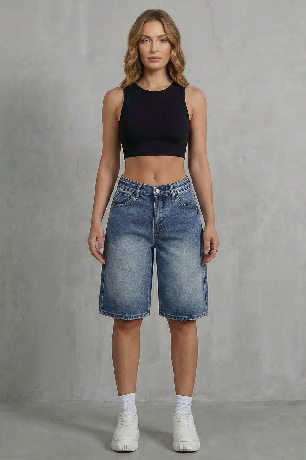 High Waist Knee Length Denim Shorts