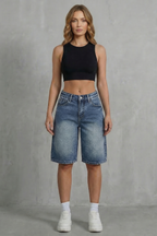 High Waist Knee Length Denim Shorts