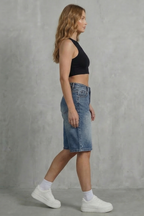 High Waist Knee Length Denim Shorts