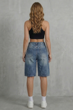 High Waist Knee Length Denim Shorts