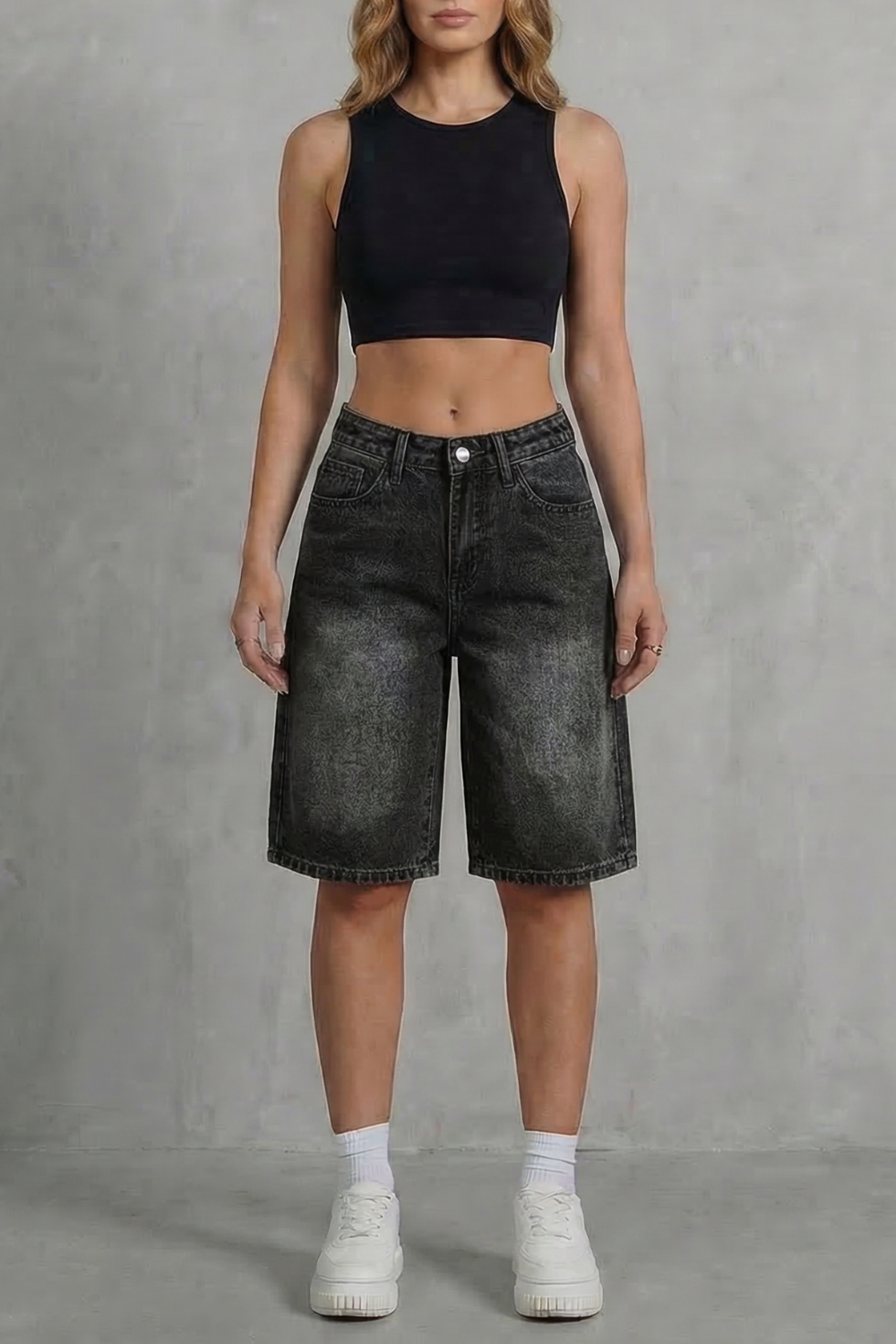 High Waist Knee Length Denim Shorts