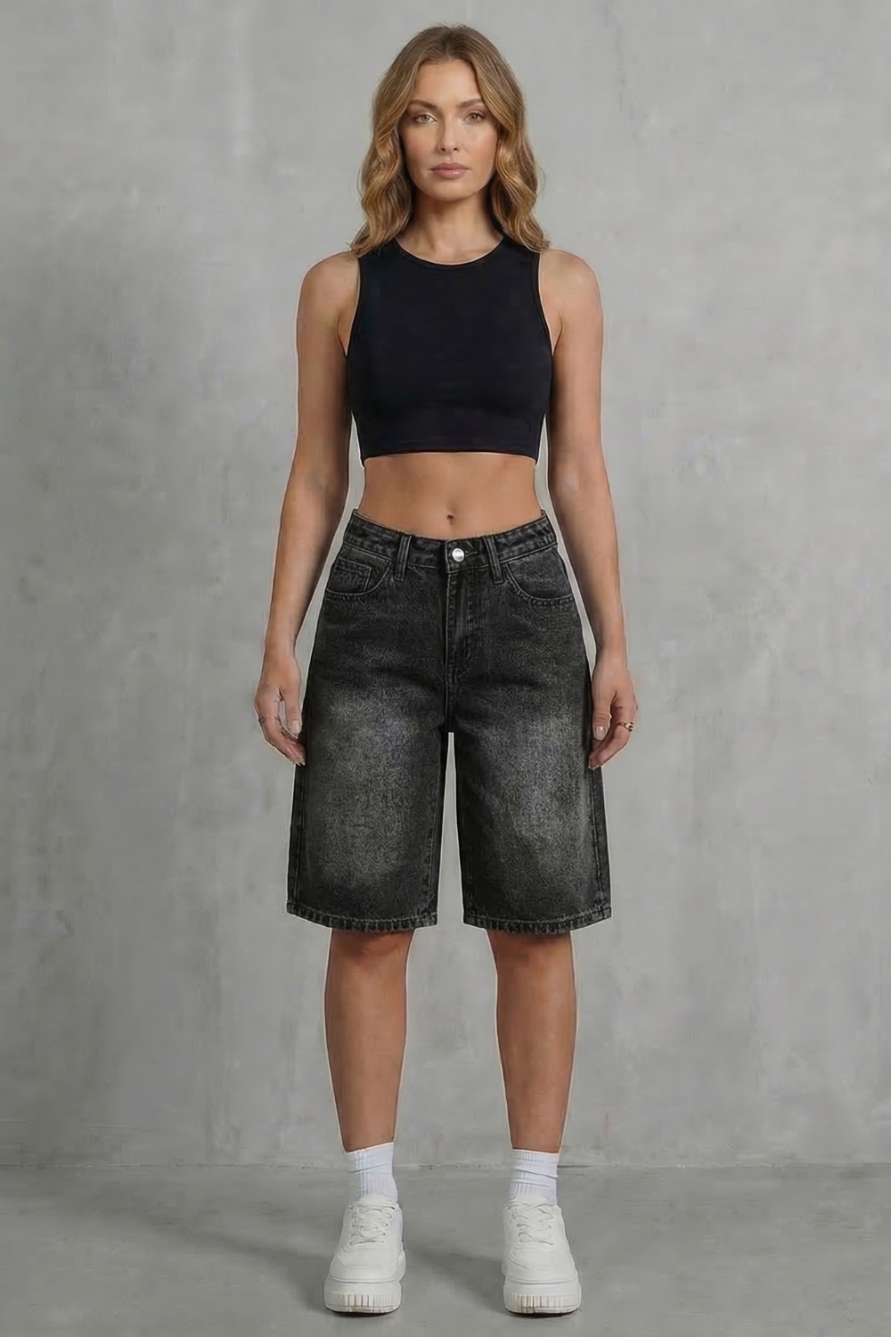 High Waist Knee Length Denim Shorts