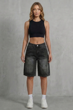 High Waist Knee Length Denim Shorts