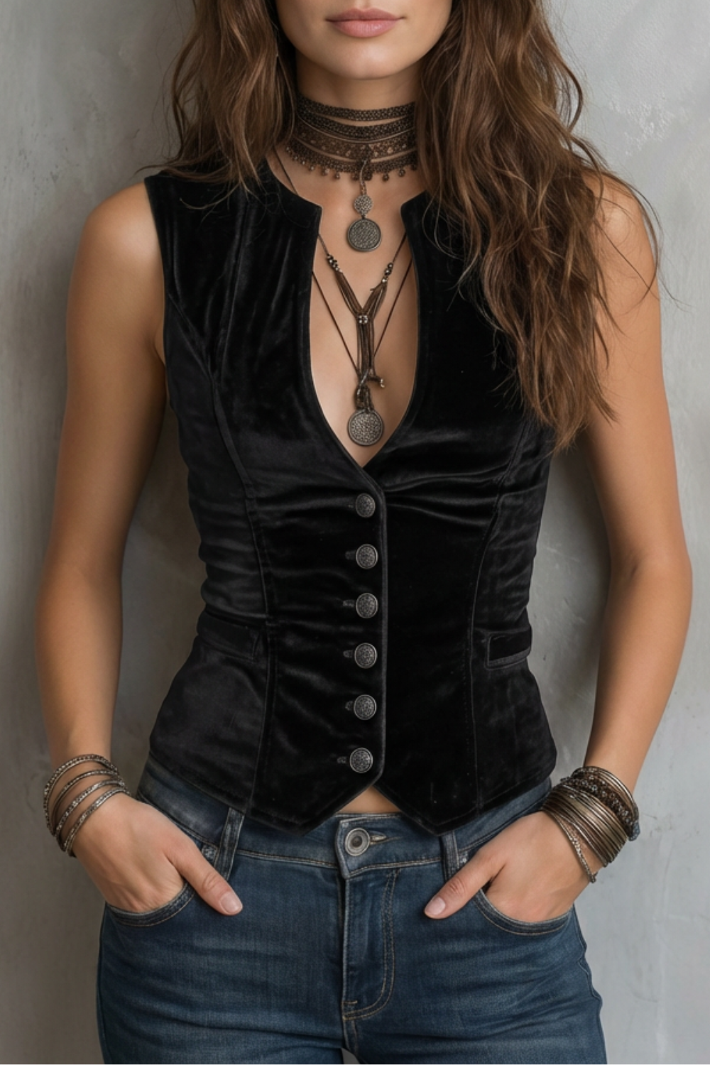 V Neck Velvet Buttoned Vest