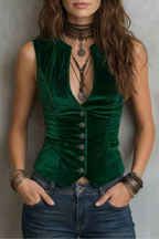 V Neck Velvet Buttoned Vest