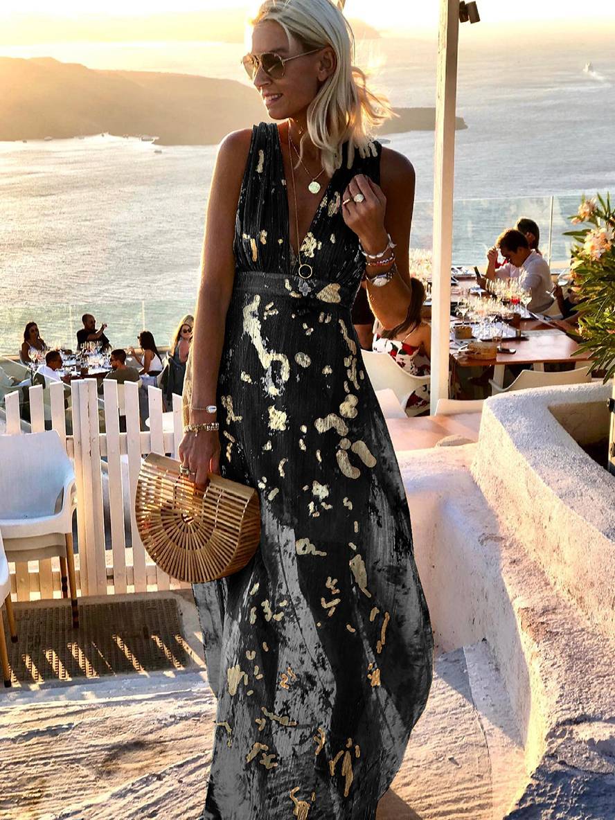Sequin Maxi Dress V-Neck Sleeveless Evening Beach