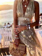 Sequin Maxi Dress V-Neck Sleeveless Evening Beach