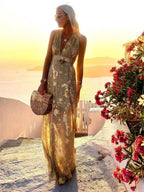 Sequin Maxi Dress V-Neck Sleeveless Evening Beach