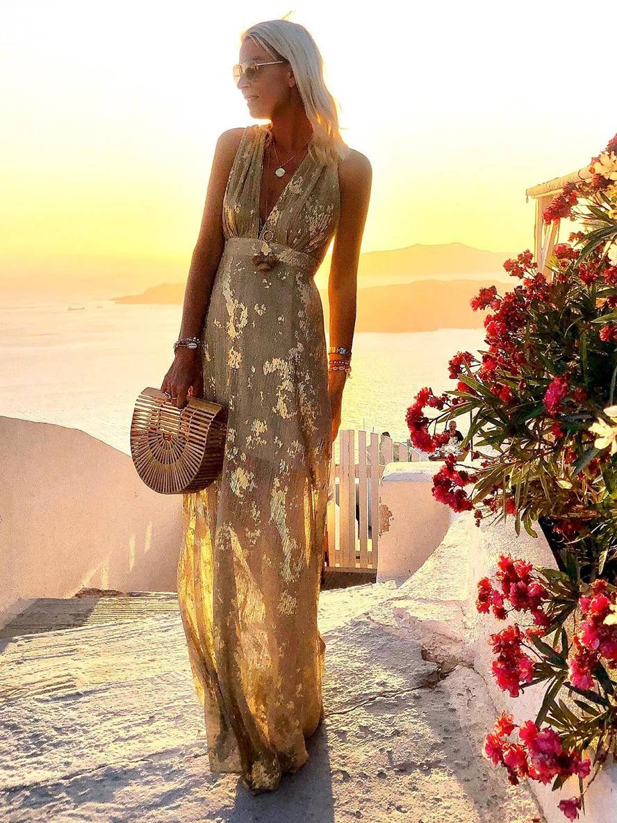 Sequin Maxi Dress V-Neck Sleeveless Evening Beach
