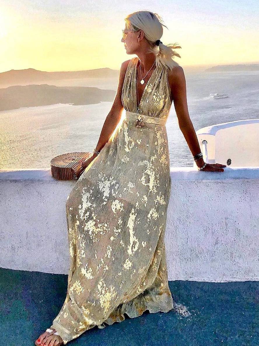 Sequin Maxi Dress V-Neck Sleeveless Evening Beach