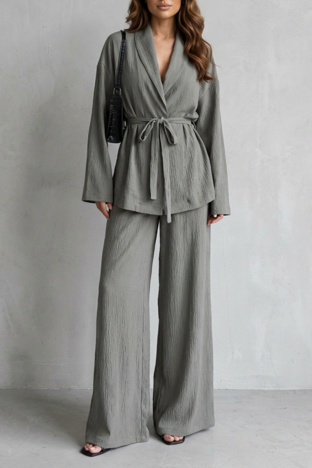 V Neck Long Sleeve Elegant Wide-Leg Pants Ensemble