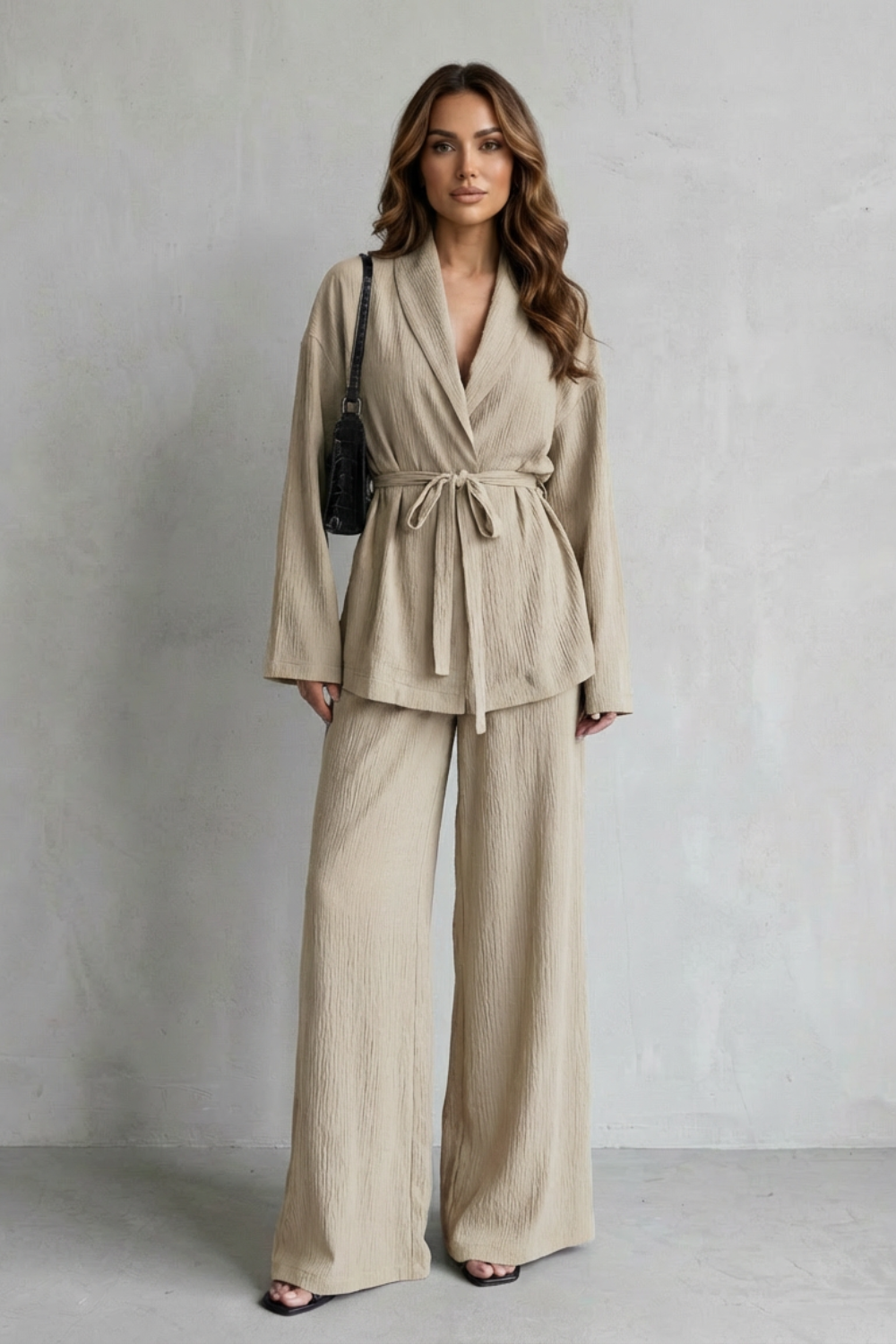 V Neck Long Sleeve Elegant Wide-Leg Pants Ensemble